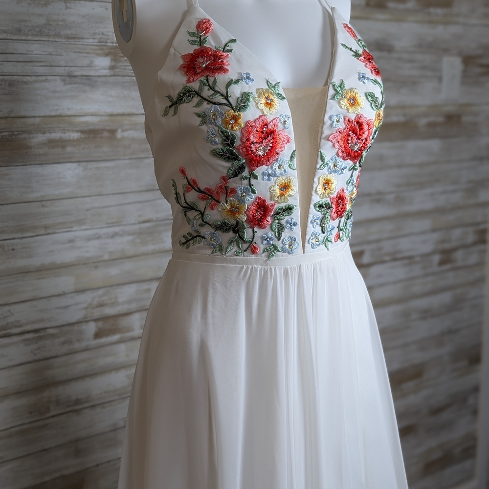 Faviana White Dress with Floral Embroidery